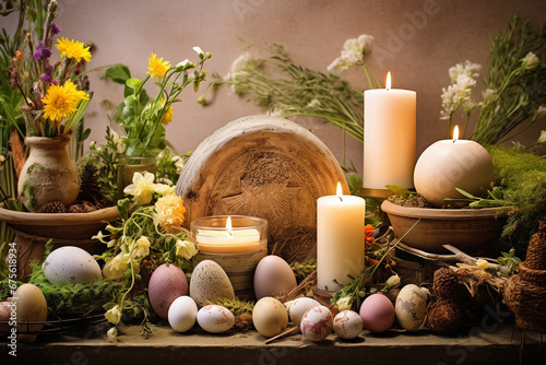 Imbolc holiday, spring equinox. Wiccan altar for Imbolc sabbat. pagan festive ritual. Brigid's cross amulet, candles, wheel of the year on wooden table.