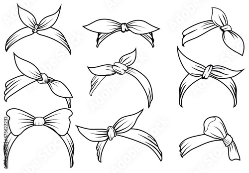 Set of bandana bow headband line art vector. Black and white bandana clipart