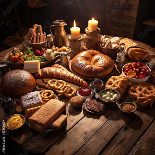 Close-up of bread and variety on wooden table inside darkroom prepared for meal