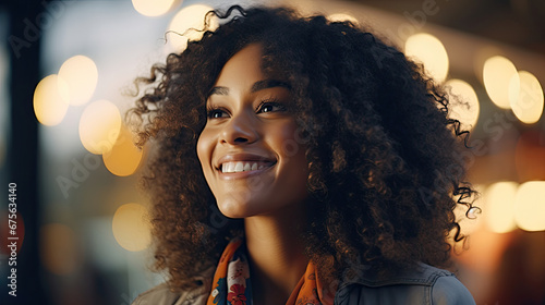 happiness of young African American female model smiling laughing and talking with beautiful bokeh backlight created with Generative AI Technology
