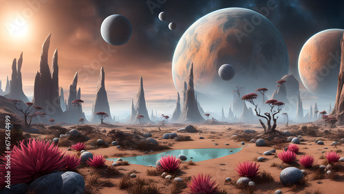 An alien planet's landscape, with bizarre flora and fauna, and multiple moons in the sky