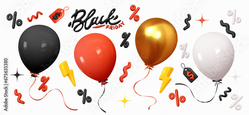 Black Friday object. Set flying helium balloons with ribbon in black red, white gold colors. Festive decorative element in realistic 3d design sale label, percent symbol, confetti. vector illustration