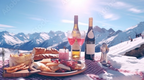 Traditional Italian food and drink outdoor in sunny winter day. Romantic alpine picnic in Dolomites with mountains background, Lambrusco cheese baguette and ham on the snow.