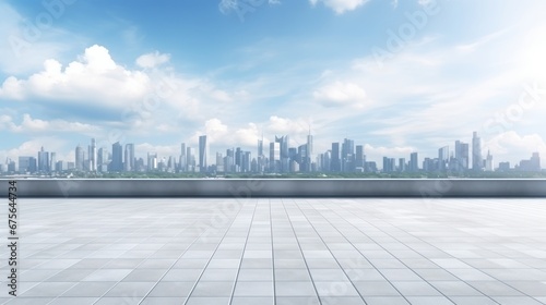 Empty square floor and city skyline with building background, text space.