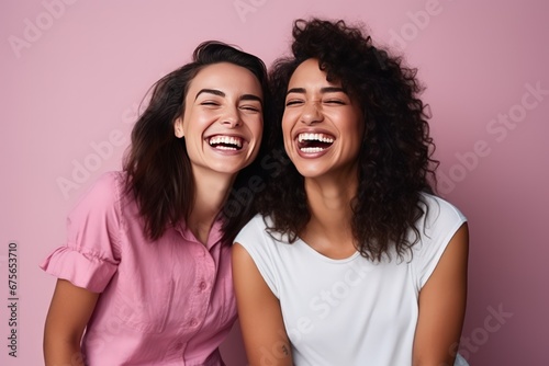 African American woman smiles widely showing teeth alongside European girl friend. Cheerful best friends laugh together posing for photo. Young women of different races support each other
