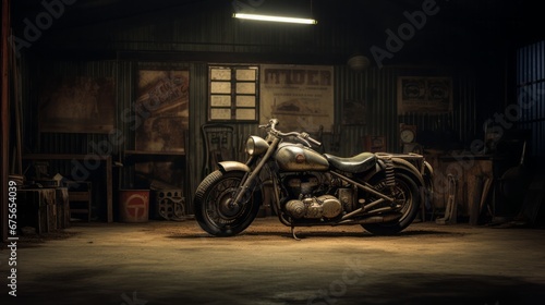 picture a vintage motorcycle parket in a dimly lit garage, copy space, 16:9
