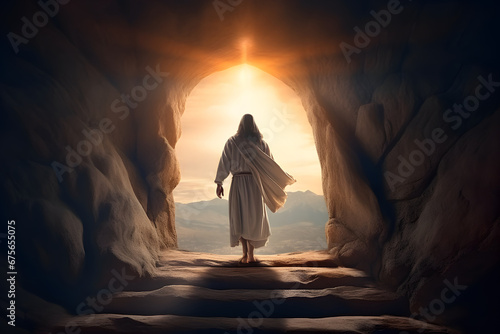Resurrection Of Jesus at empty tomb during sunrise
