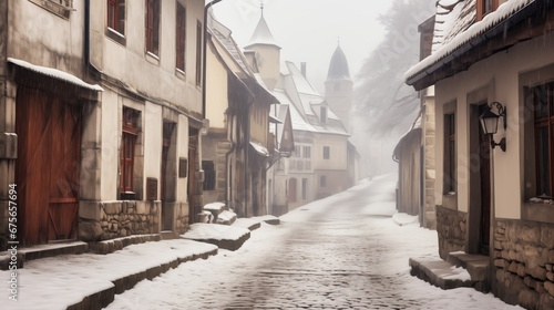 Snow gently falls on an empty cobblestone street lined with historic homes, evoking a peaceful, old-world charm.