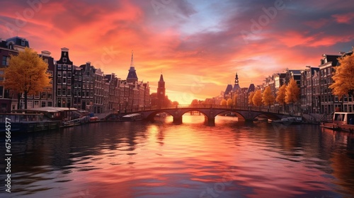 Amsterdam. Holland. Downtown of Amsterdam. Traditional houses and bridges of Amsterdam. A colorful sundown time. Virtical