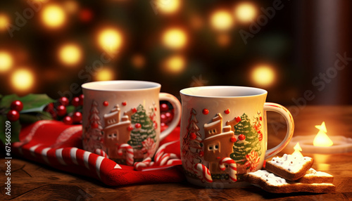christmas cup of coffee with cinnamon and star anise on wooden table with christmas lights