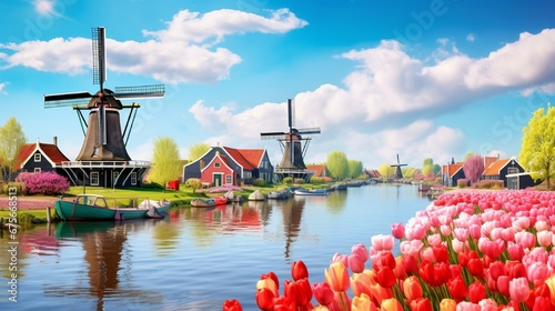 Landscape with tulips, traditional dutch windmills and houses near the canal in Zaanse Schans, Netherlands, Europe