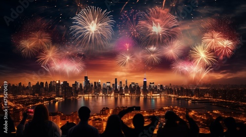 A spectacular New Year's Eve fireworks display over a city skyline, with families and friends gathered to watch