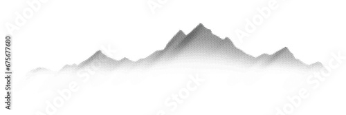 Vector halftone dots background, fading dot effect. Imitation of a mountain landscape, banner, shades of gray.