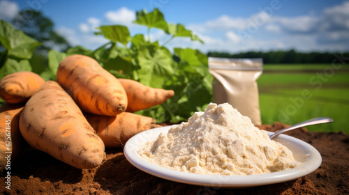 Sweet Potato powder freeze dried raw materials for the food industry on farm background