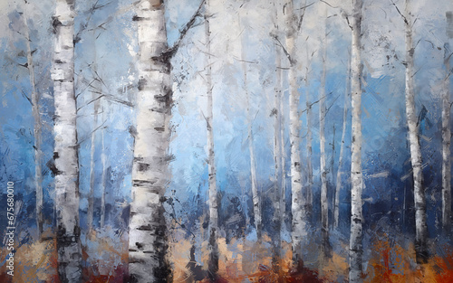 Modern hand painted birch tree oil painting wallpaper background