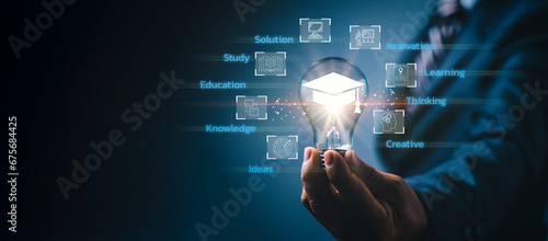 E-learning graduate certificate program concept. Internet education course degree, study knowledge, creative thinking ideas, problem-solving solutions. Man hands showing graduation hat in light bulb.