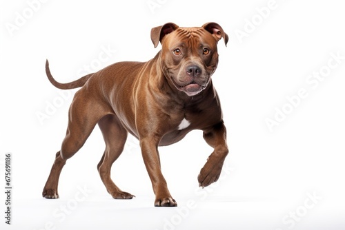 Photo of a spirited Staffordshire Bull Terrier in a dynamic stance on a spotless white background. Generative AI