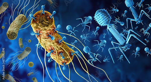 Phage and Bacteriophage attacking bacteria as a virus that infects bacteria as a bacterial virology symbol as a pathogen that attacks bacterial infections as a bacteriophages background.