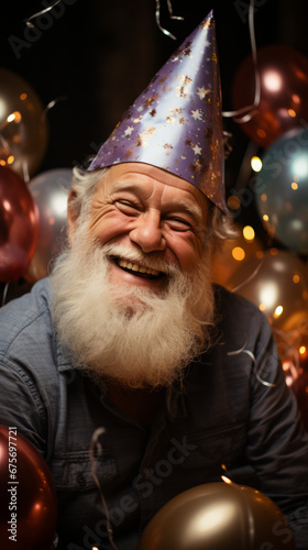 Joyful Elderly Man Celebrating with Party Hat and Balloons
