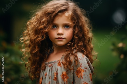 Portrait of a beautiful little girl with curly hair in the park.