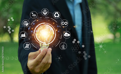 Environmental protection, renewable, sustainable energy sources.businessman holding light bulb against nature on a green background with energy source icons, sustainable development, ESG, Ecology