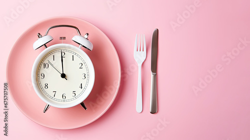 Empty plate with alarm clock on pink, intermittent fasting concept,Alarm clock and plate with cutlery . Concept of intermittent fasting, lunchtime, diet and weight loss