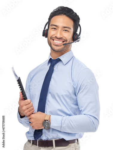 Business, crm help and Asian man portrait with telemarketing job and work at call center. Person, networking and happy with sale communication and talking isolated on transparent, png background