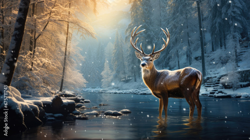 Illustration of a deer in the water on a winter day