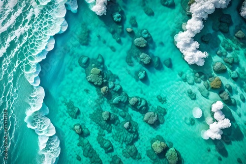 From above aerial view of turquoise ocean water with splashes and foam for abstract natural background and texture 