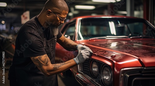 Master mechanic polishes red car with polisher, detailing series