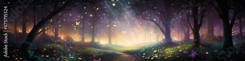 Mysterious animated forest. Enchanting fairy lights amid lush, colorful vegetation. Luminous flora and a mystic atmosphere.
