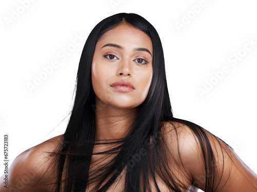 Hair, salon and portrait of woman with beauty for keratin treatment on png or transparent background. Hairdresser, portrait and isolated person with hairstyle for growth, healthy texture and shine