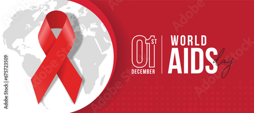 world aids day - text and red ribbon sign on circle globe texture and red dot texture background vector design