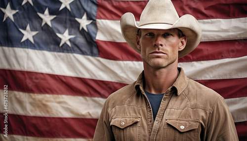 Texas Cowboy male portrait standing by American flag background with copy space. Proud western US United states of America citizen