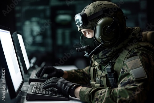 Military special forces defuses computer. Cyber digital hacking operation on hardware technology. Generate ai