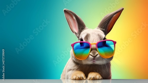 funny bunny with sunglasses on colorful background, Generative AI