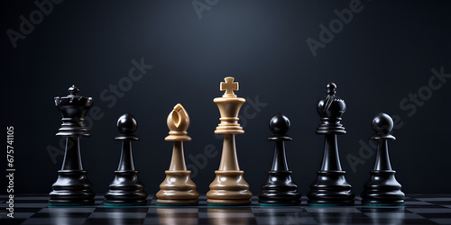 Chess pieces on a dark background, Stand of golden king chess and fallen silver king chess. Winner of business competition and marketing strategy planing concept, generative ai 