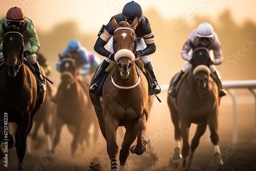 Horse racing, horses and jockeys fight for first place on the racetrack, sun rays.