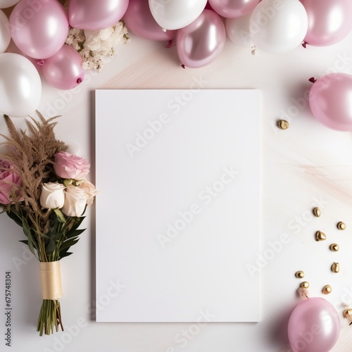 blank white card birthday invite mockup, pink balloons and flowers