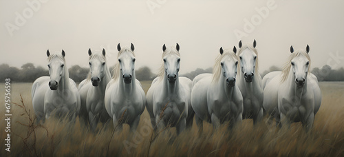  White Horses Running Over A Dirt Field In A Sunny Day Background Group of horses running gallop in the desert. AI Generative 