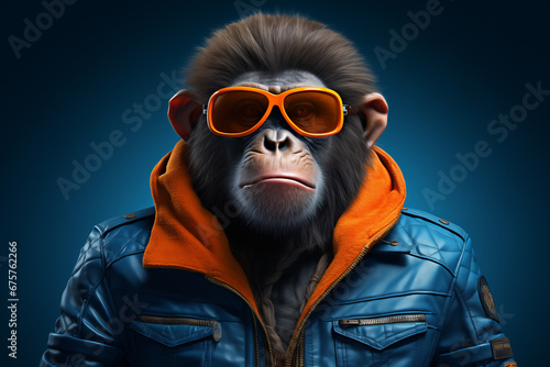 Cool Monkey with Orange Sunglasses and Blue Leather Jacket