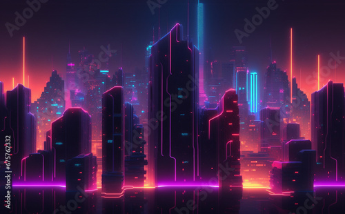 Futuristic 2062 Cyberpunk Cityscape, Skyscraper, Neon Lights, city skyline at night