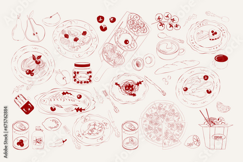 Collection of food, delicacies and dishes. A set meal for dinner. Pasta, seafood, pizza, cake. Editable vector illustration.