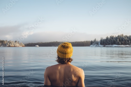Young man in a hat bathing in the cold water of the lake. Wim Hof method, cold therapy, breathing techniques, winter swimming, ice swimming.