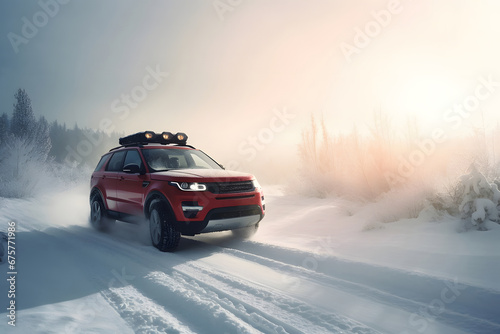 SUV rides on a winter forest road. A car in a snow-covered road among trees and snow hills