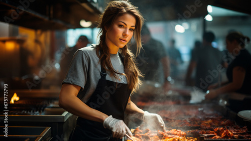 Fotografía en la que aparece una experta cocinera, vestida con uniforme de chef profesional, de pie en una cocina industrial.