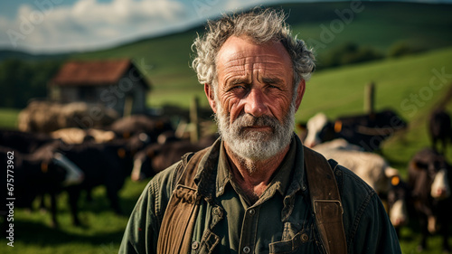 Fotografía de un granjero curtido y trabajador, de pie en medio de un extenso campo, rodeado de vacas satisfechas que pastan a lo lejos.