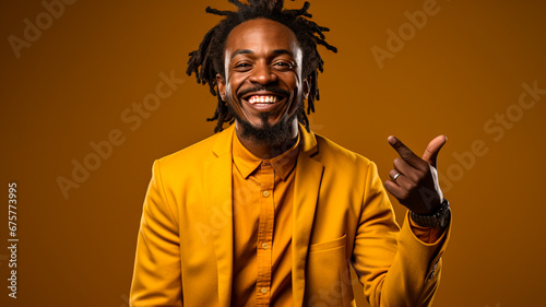 Fotografía de un hombre africano seguro de sí mismo con elegantes rastas, de pie sobre un fondo amarillo vibrante.