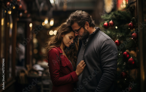 kobieta i mężczyzna w miłosnym uścisku w okresie świąt bożego narodzenia, składają sobie życzenia