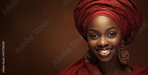 mujer negra afroamericana joven vestida con ropa tradicional africana y turbante sobre fondo marrón